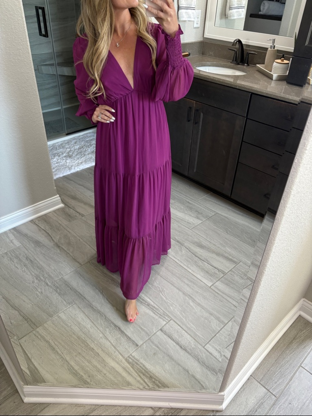 She + Sky Purple Tiered Maxi Dress with Smocked Long Sleeves